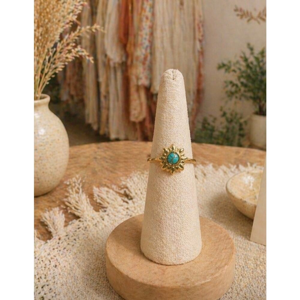 Stainless Steel Gold Blue Stone Adjustable Ring New